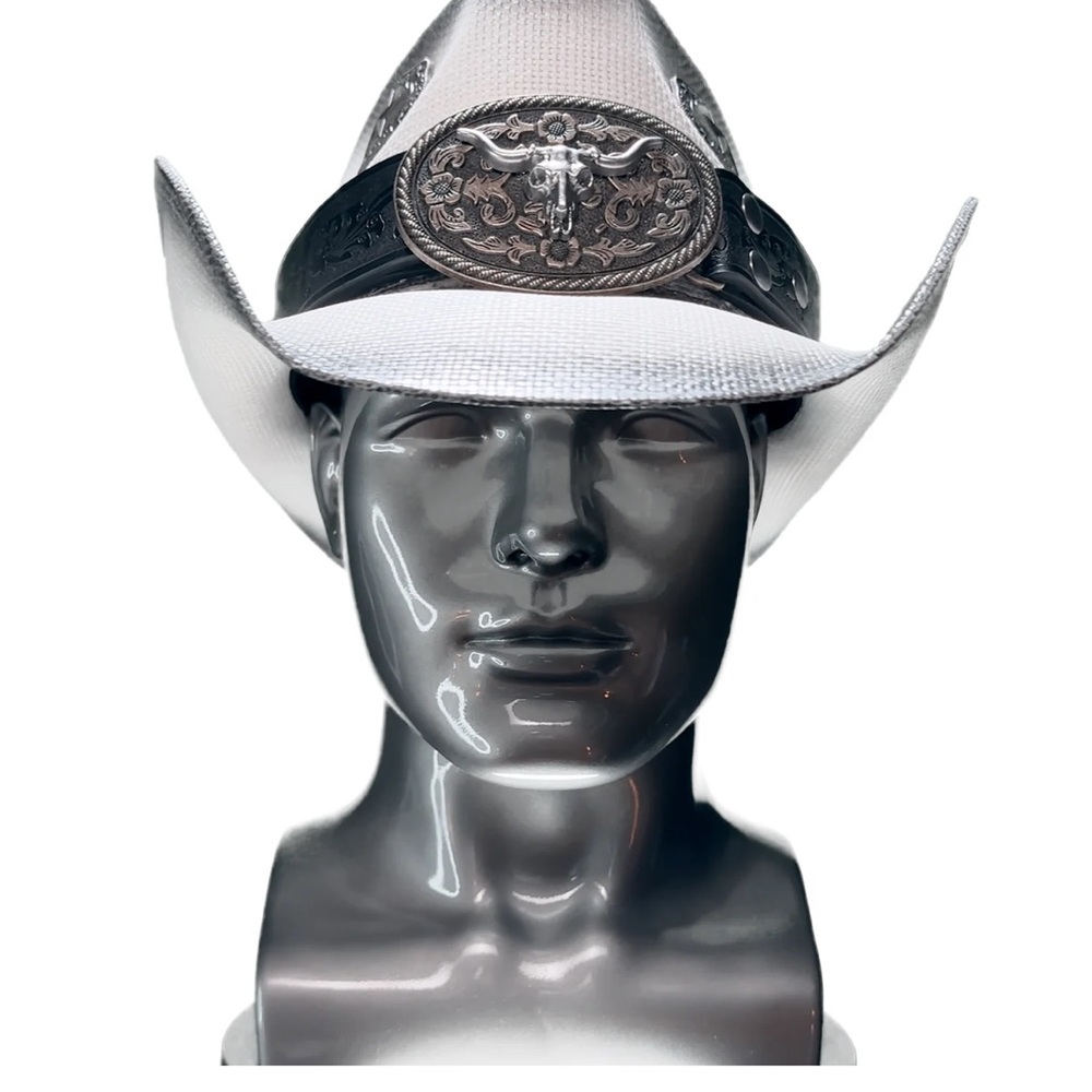 White Cowboy Hat with Silver Buckle